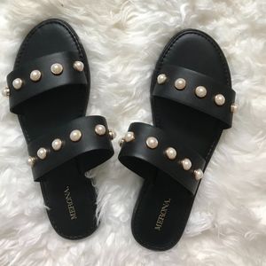 Black Faux Leather Sandals with Pearls
